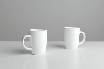 Obraz premium Two white coffee mugs stand on a white surface, against gray background.