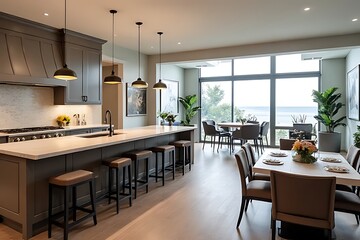 Fototapeta premium Upscale kitchen and dining area with views of the ocean through large windows.