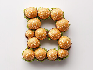 a letter B made of mini burgers. top view. Minimalistic design on a plain white background