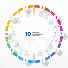 Modern circle infographic with 10 steps, process or options.