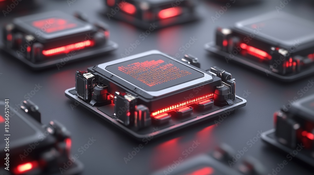 Poster computer system highlighted by a striking red light emphasizing modern technology and digital innova
