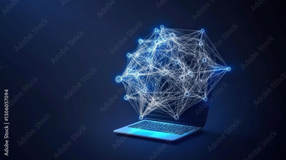 Poster laptop displaying a network of connected lines representing digital connectivity and modern communic