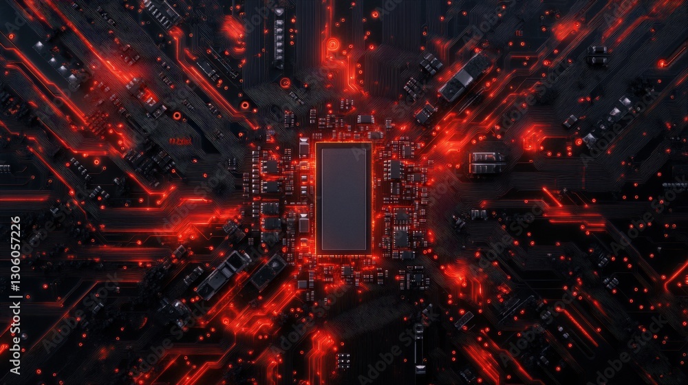 Poster computer circuit board illuminated by striking red lights representing advanced technology and elect