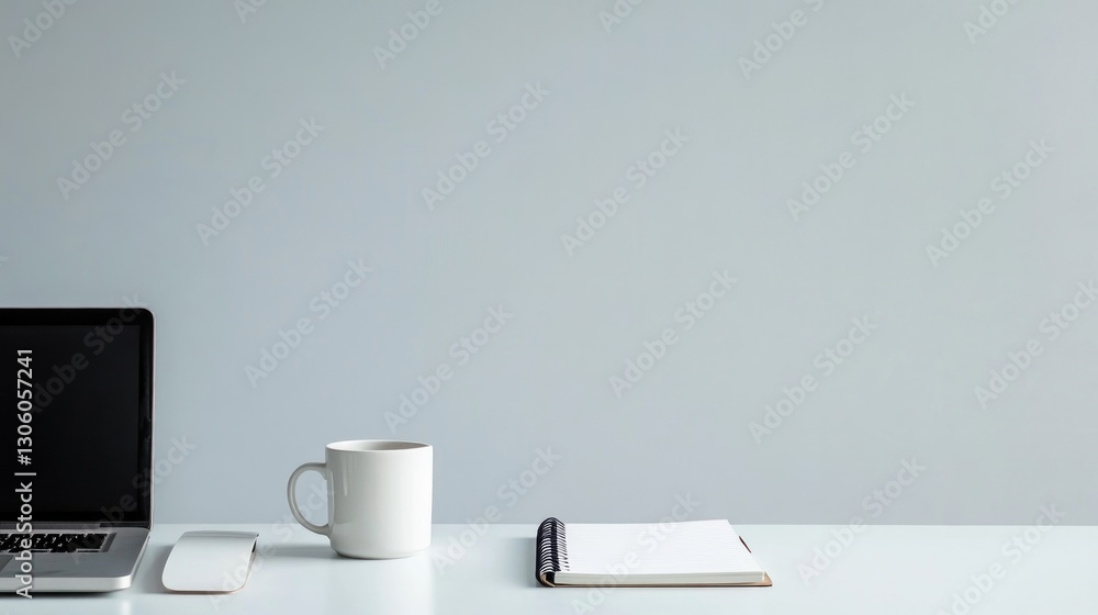Poster lonely desk with laptop mug and notebook on vast smooth solid color background