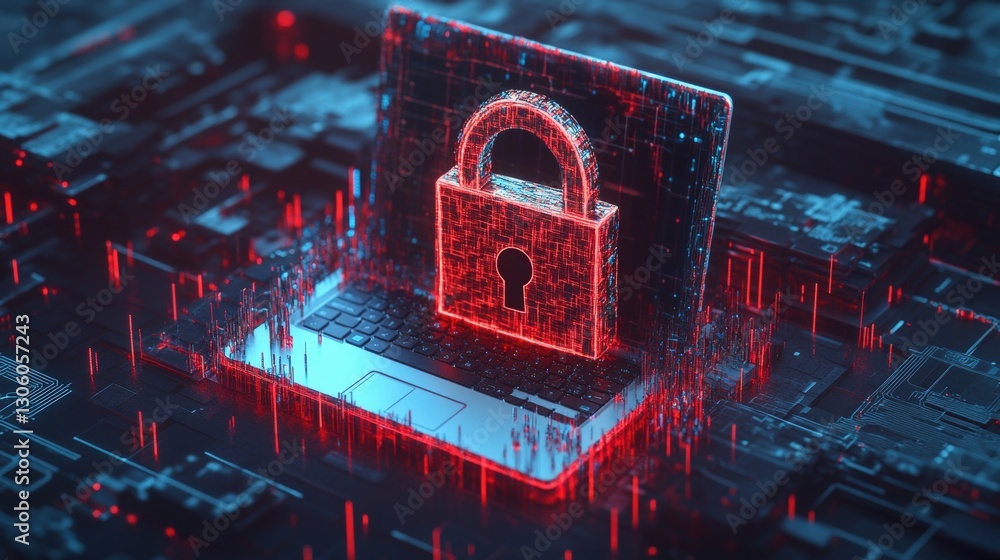 Poster laptop computer with a secure padlock symbolizing protection of data and information in the digital 