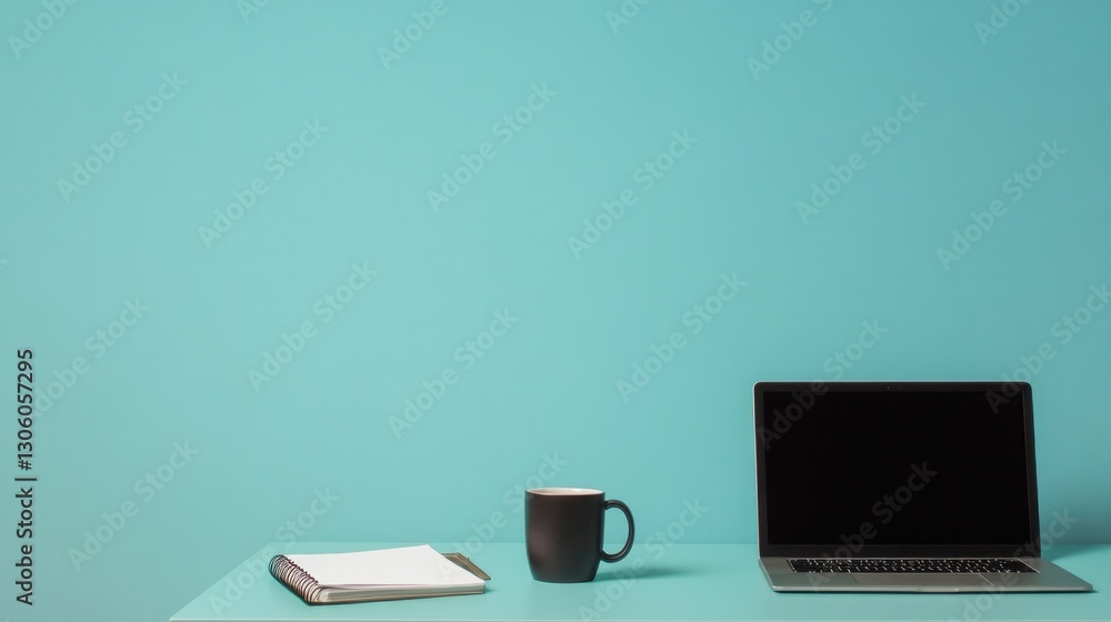 Poster lonely desk with laptop mug and notebook on vast smooth solid color background