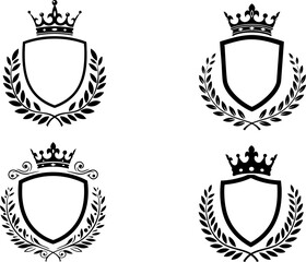 Set of four heraldic shield illustrations topped with a crown and surrounded by laurel wreaths suitable for logo design.
