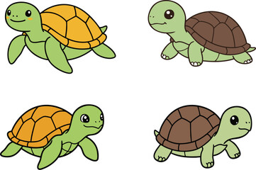 This image shows four cute cartoon turtles with different shell colors and sweet expressions, isolated on white perfect for children's illustrations.