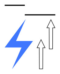 Blue lightning bolt beside two upward arrows and horizontal black lines signifying energy, power, and progress. Ideal for growth, innovation, performance, speed, technology, motivation flat simple