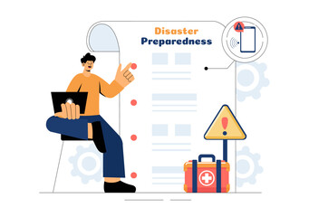 Disaster Preparedness Vector Illustration featuring Community Disaster Planning, an Emergency Plan Checklist, and Year Round Readiness in a Background