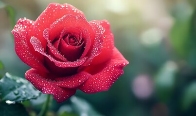 A close-up of a vibrant red rose adorned with morning dew droplets, showcasing its natural beauty.