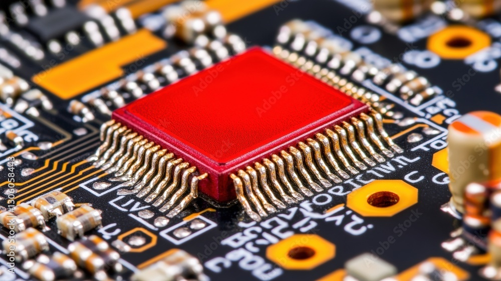 Poster close-up view of a microprocessor featuring intricate circuits and components representing advanced 