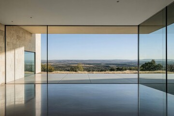 panoramic window view embracing vast open landscape harmonizing nature and minimalistic architecture with sunlight
