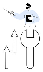 Professional holding a clipboard, pointing with a stick beside arrows and a large wrench. Ideal for leadership, strategy, growth, innovation, guidance, problem-solving business management. Flat