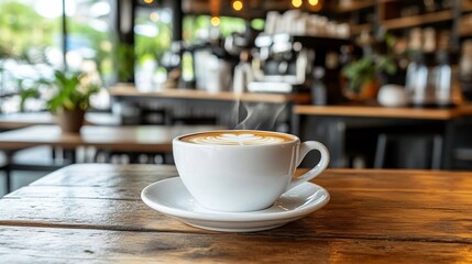 Obraz premium Steaming latte art coffee cafe shop interior