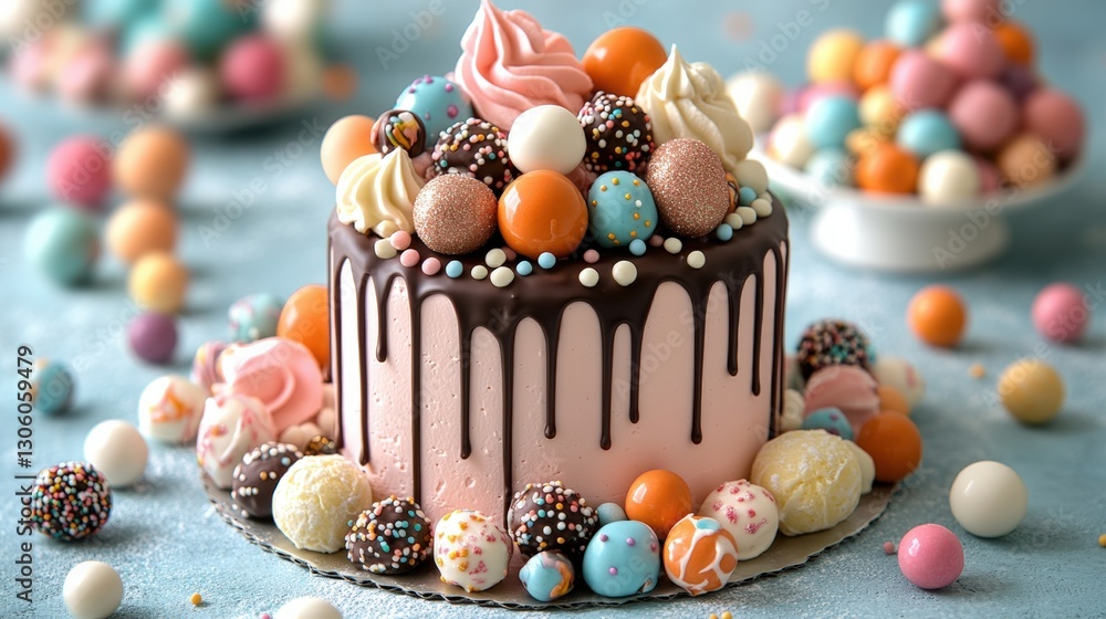 Poster delightful cake adorned with rich chocolate frosting and an array of colorful candy perfect for any 