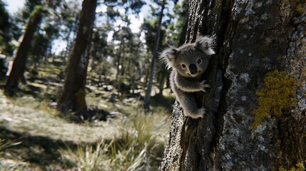 Koala climbing eucalyptus tree, Australian forest