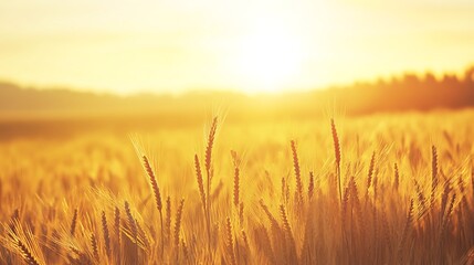 Fototapeta premium Warm golden sunrise illuminating a vast wheat field, capturing serene beauty and tranquility in nature.
