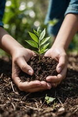 hands of a person planting a growing tree shoot with a blurred background, to illustrate the visual content of Earth Day