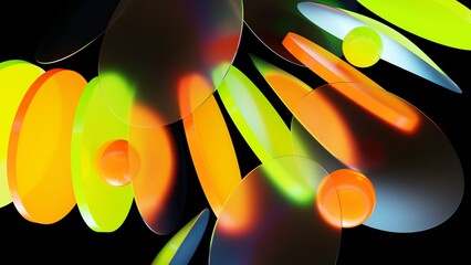 A futuristic abstract artwork with glowing translucent shapes in vibrant orange, yellow, and green against a deep black background. 3D Render