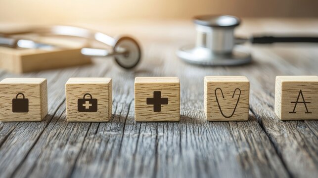 Healthcare symbols wooden cube arrangement in hospital environment for medical insurance awareness