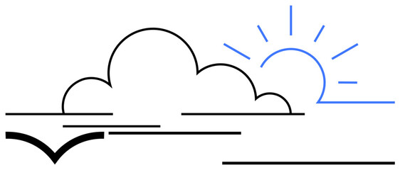 Sunrise with rays behind cloud, bird flying over calm horizon. Ideal for nature, tranquility, hope, fresh beginnings, mindfulness, freedom relaxation. Flat simple metaphor