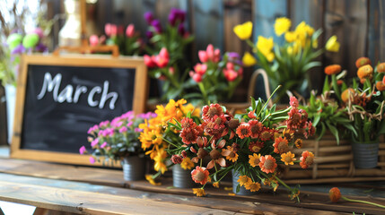  Chalkboard with march text surrounded by colorful flowers for spring