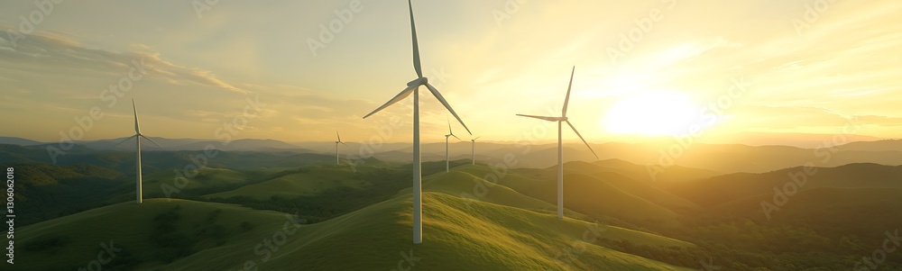 Poster a scenic image of a wind turbine array on lush green hills during golden hour.