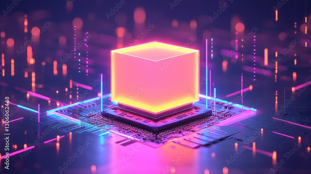 Poster futuristic computer processor with glowing cube on top highlighting advanced technology and innovati