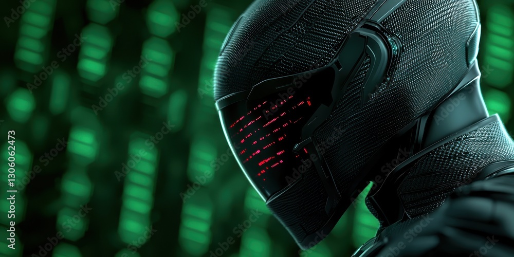 Aufkleber futuristic cyberpunk figure in black with glowing red display on helmet, data stream backdrop