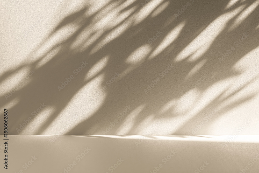 Poster Wall interior background, studio and backdrops show products. with leaf shadow from window color beige and white. background for text insertion and presentation of product	