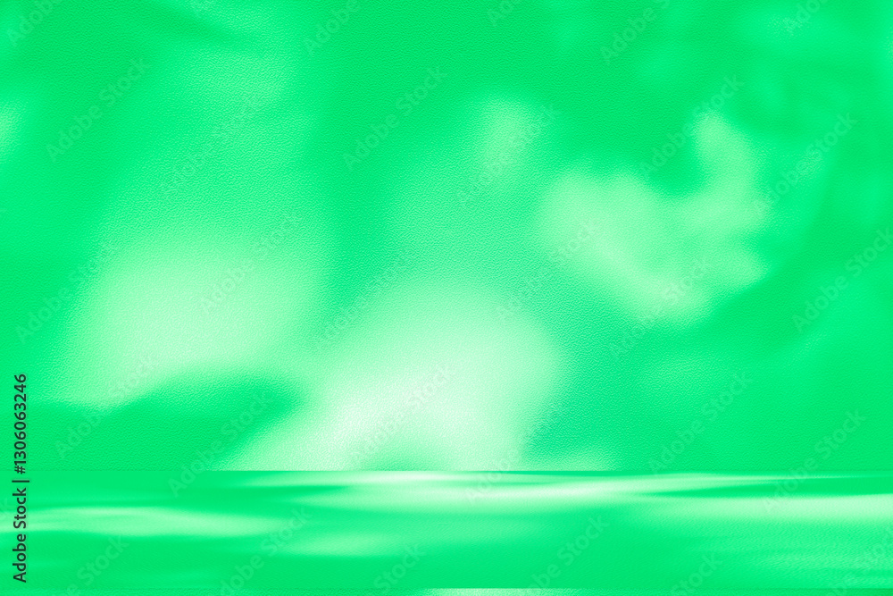 Poster Wall interior background, studio and backdrops show products. with leaf shadow from window color green and white. background for text insertion and presentation of product	