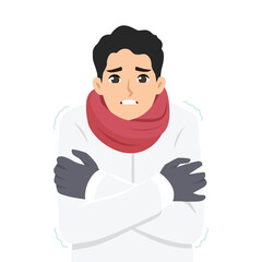 Man in cold weather crosses his arms while shivering, expressing discomfort due to the cold. Flat vector Character Illustration