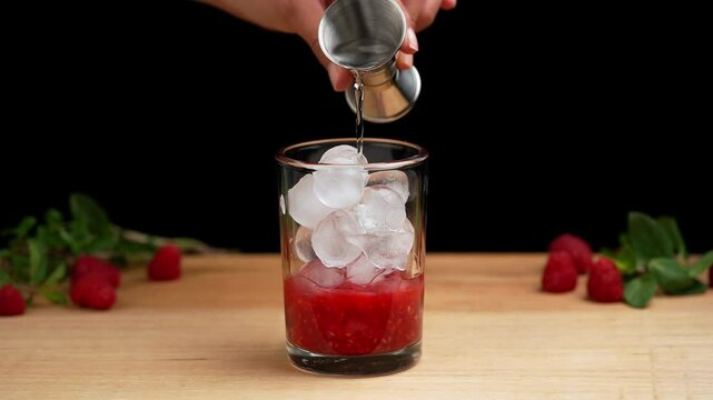 Prepare a raspberry mojito, pouring rum with a jigger to prepare a mojito