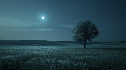Obraz premium Solitary Tree, Moonlit Field