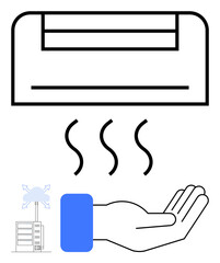 Air conditioner expelling warm air directed at an open hand, symbolizing comfort. Ideal for energy, climate control, technology, home appliances, efficiency, innovation, flat simple metaphor