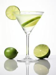 A refreshing cocktail with lime and martini in a glass, featuring vibrant green and white hues, with ice and alcohol, perfect for a solo drink at a bar during a social gathering