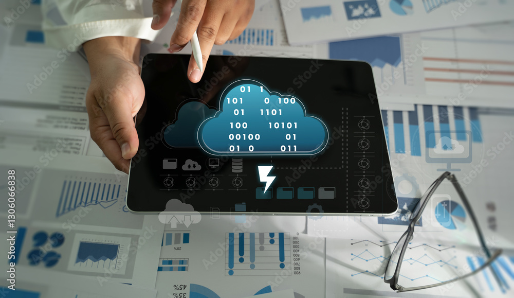 Poster cloud service to document a businessman uses cloud technology to access, store, and share digital fi