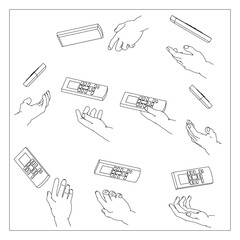 リモコンを持つ手のセット。白黒のベクターイラスト。