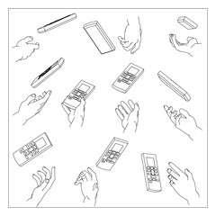 リモコンを持つ手のセット。白黒のベクターイラスト。