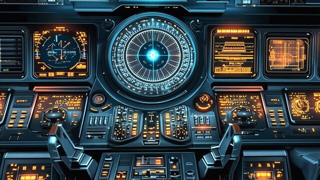 Futuristic spaceship cockpit interior featuring intricate control panels and glowing displays, ready for action.
