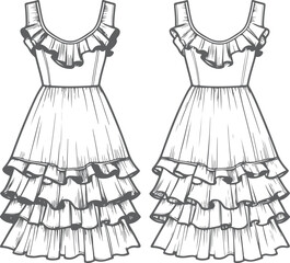 Fototapeta premium Ruffle Hem Dress sketch drawing template