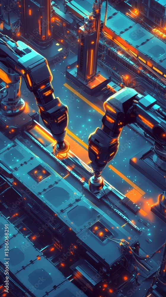Aufkleber futuristic factory assembly line: robotic arms constructing advanced technology