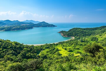 Obraz premium Coastal Bay View, Lush Landscape, Sunny Day