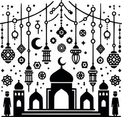 Ramadan Islamic Vector Illustration with Crescent Moon, Mosque, Food, and Festive Icons