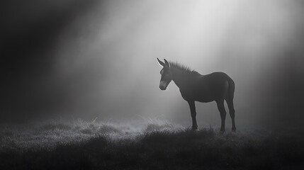 Naklejka premium Monochrome portrait of a lonely mule in a hazy atmospheric landscape