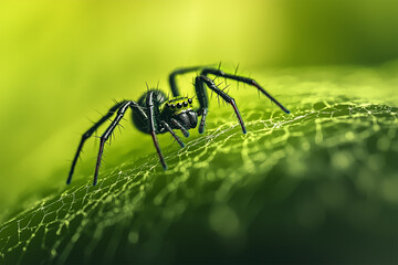 A small lurking spider on a yellow green background