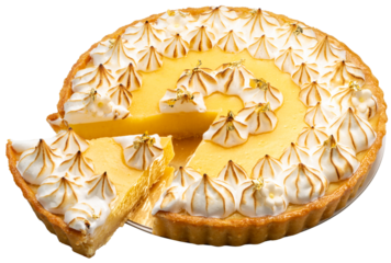 Lemon Jelly Meringue Tart isolated on white background. Lemon Jelly Meringue Tart with gold leaf covers the top isolated on white background PNG file.