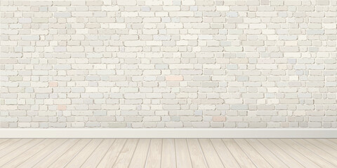 Fototapeta premium Empty room with old white brick block wall and whitewashed wooden floor fade condition graphic illustration have blank space.
