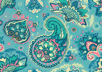 Seamless paisley pattern in Oriental style with floral and ethnic motifs for printed fabric, wallpaper, and packaging
